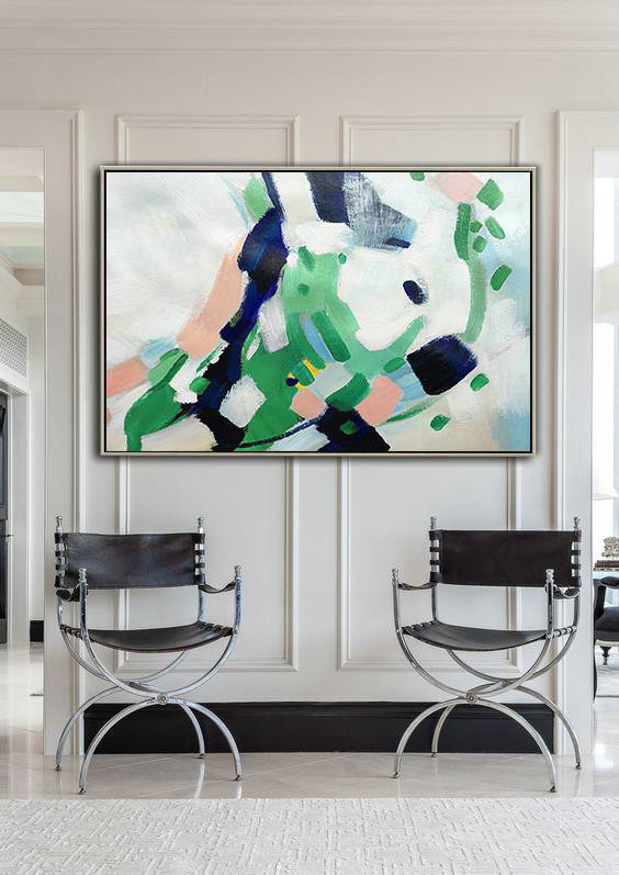 Hand Made Abstract Art,Oversized Horizontal Contemporary Art,Abstract Painting On Canvas,White,Pink,Dark Blue,Green.etc